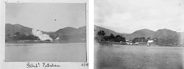 笔者收藏的长门旧炮台原版照片：（左）长门旧炮台鸣礼炮，摄于1899年；（右）拍摄时间不详